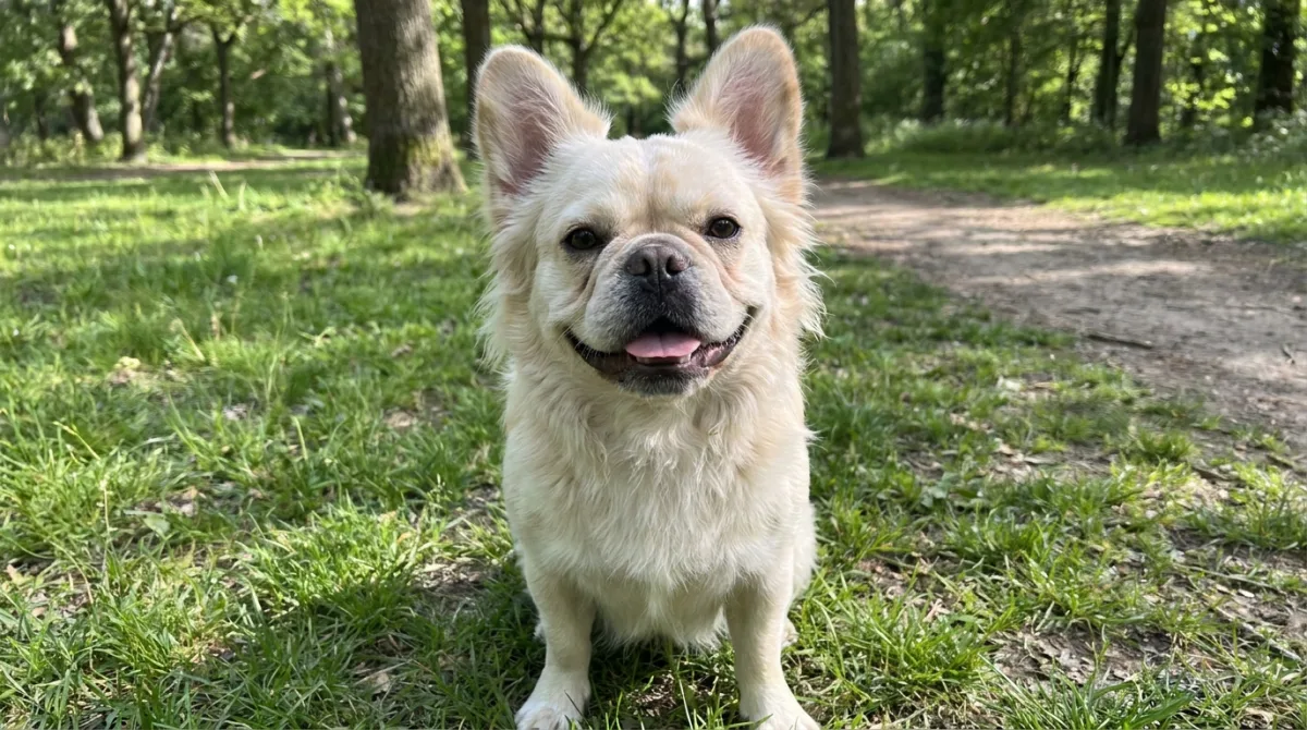 A fluffy long-haired French Bulldog sitting on grass outdoors