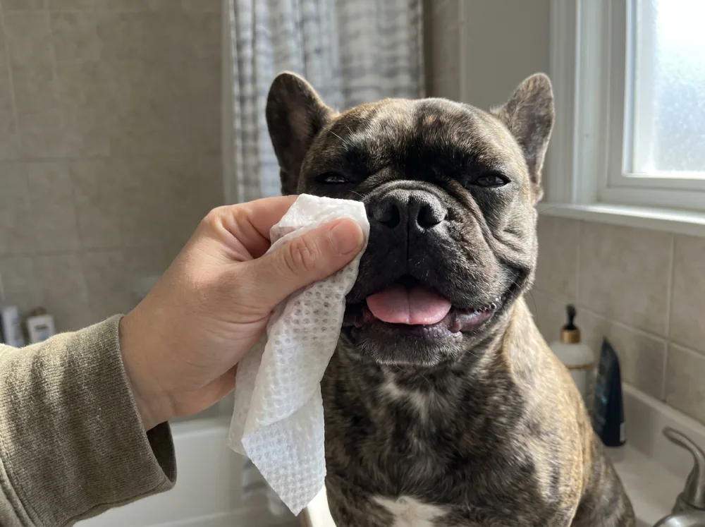 A French Bulldog having its face folds gently cleaned with a grooming wipe