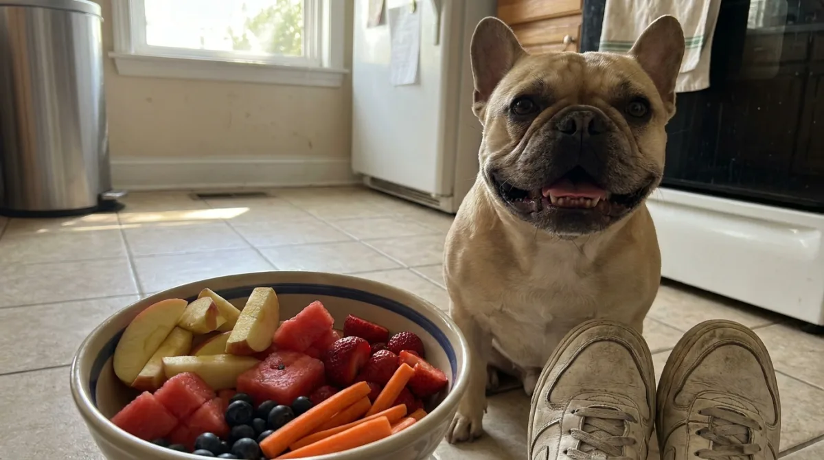 A French Bulldog looking at a bowl of dog-safe fruits and vegetables