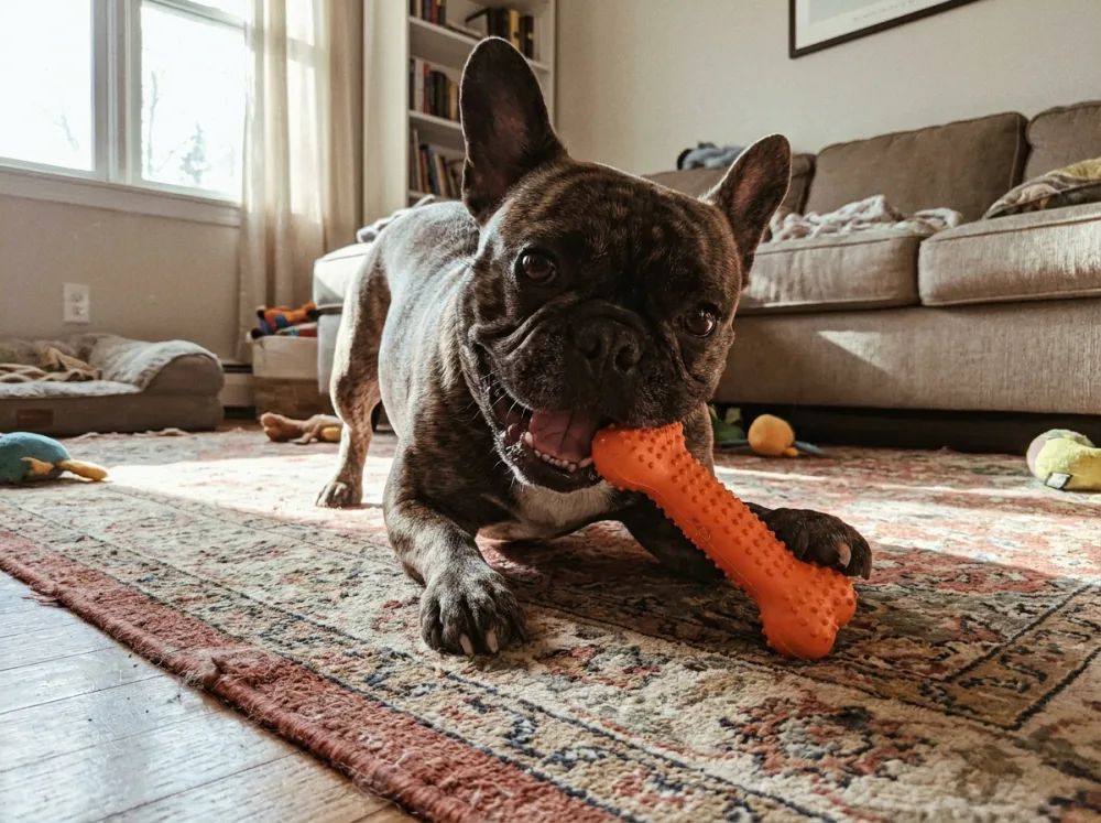 A French Bulldog playing with a rubber chew toy on a living-room rug