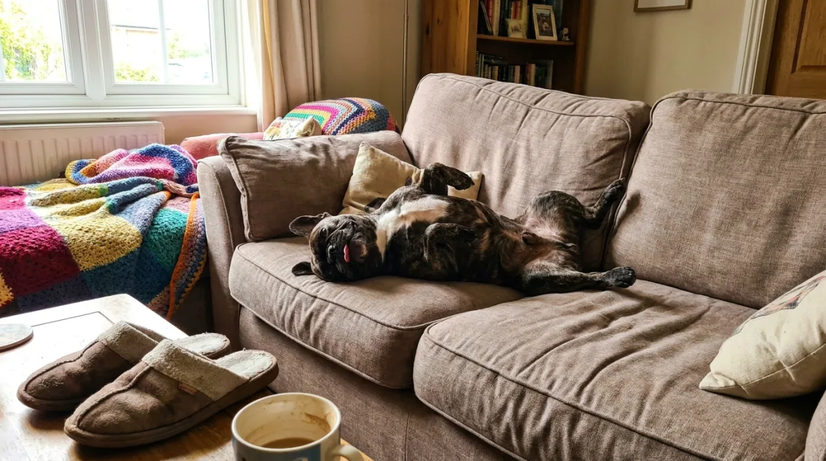 A French Bulldog lying happily on its back on a sofa