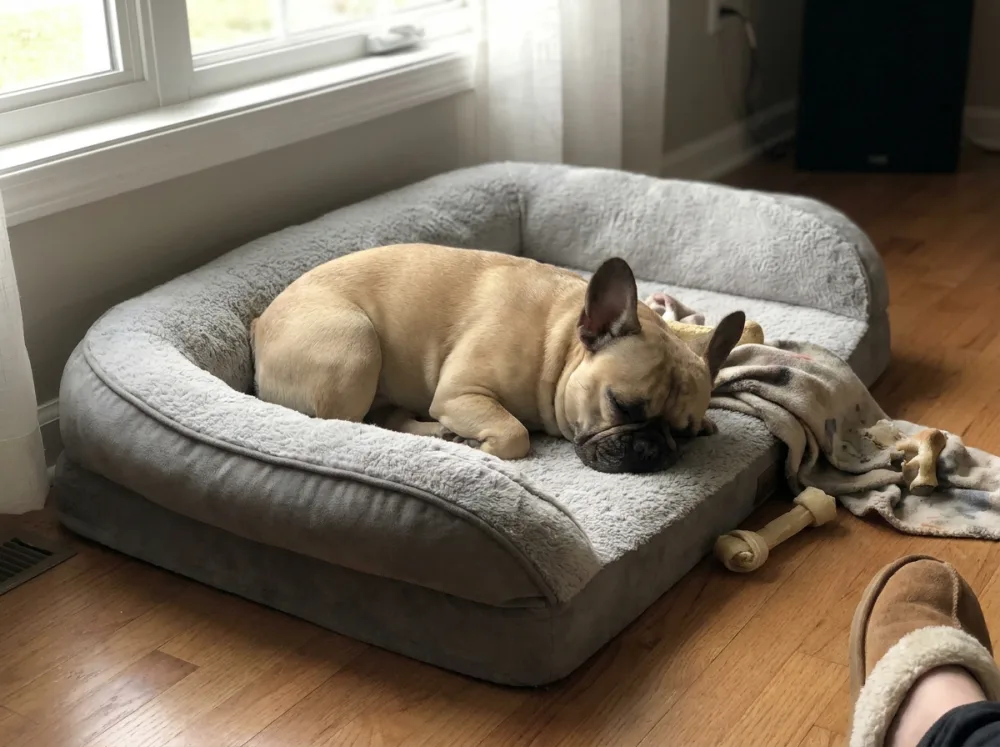 A French Bulldog resting curled up in a soft grey orthopedic dog bed at home