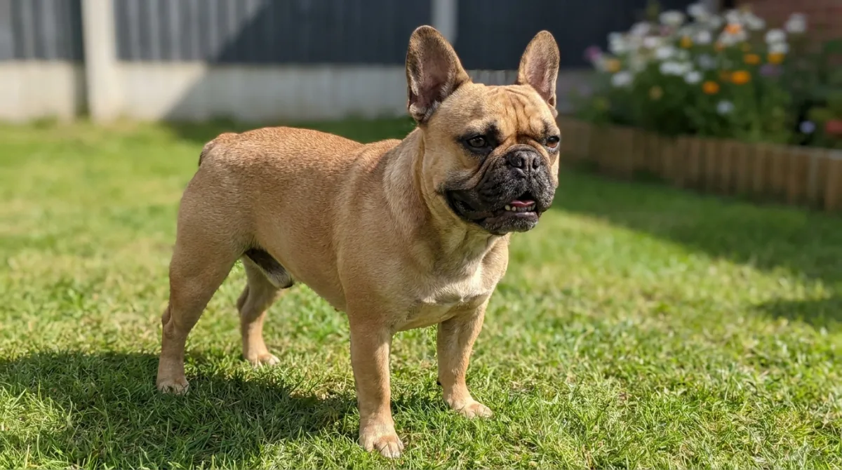 A full-grown French Bulldog standing side-on on grass