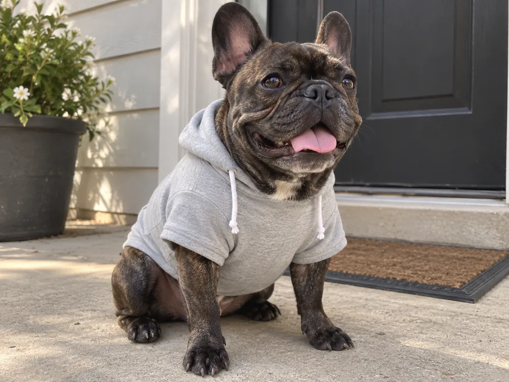 Brindle French Bulldog wearing a grey fleece hoodie from the front.