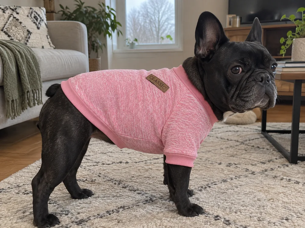 Black French Bulldog wearing a pink knit sweater from the side.