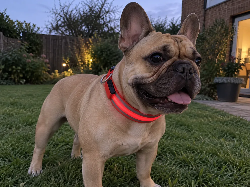 Fawn French Bulldog wearing a red LED collar at dusk.