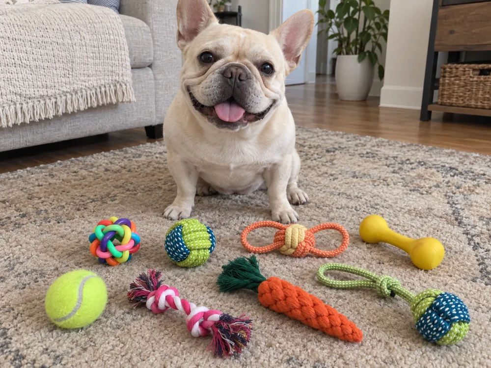 Cream French Bulldog with a complete eight-piece rope toy set.