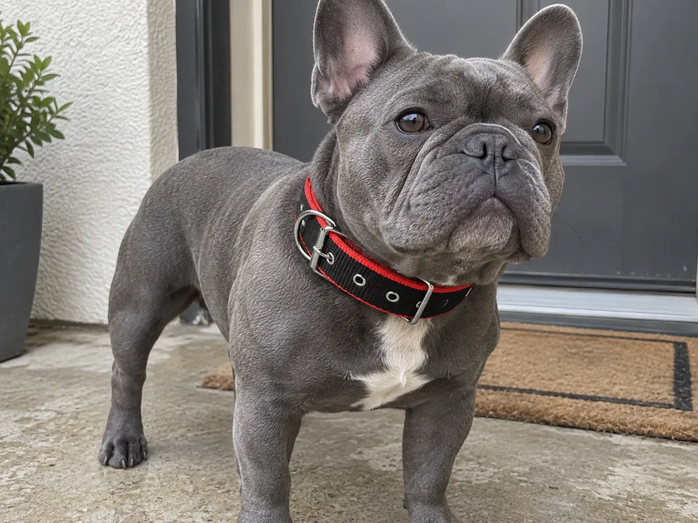 Blue-gray French Bulldog wearing the black-and-red Thickened Nylon Collar from the front.