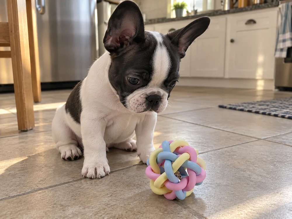 Pied French Bulldog puppy sitting beside the pastel TPR Bell Ball for scale.