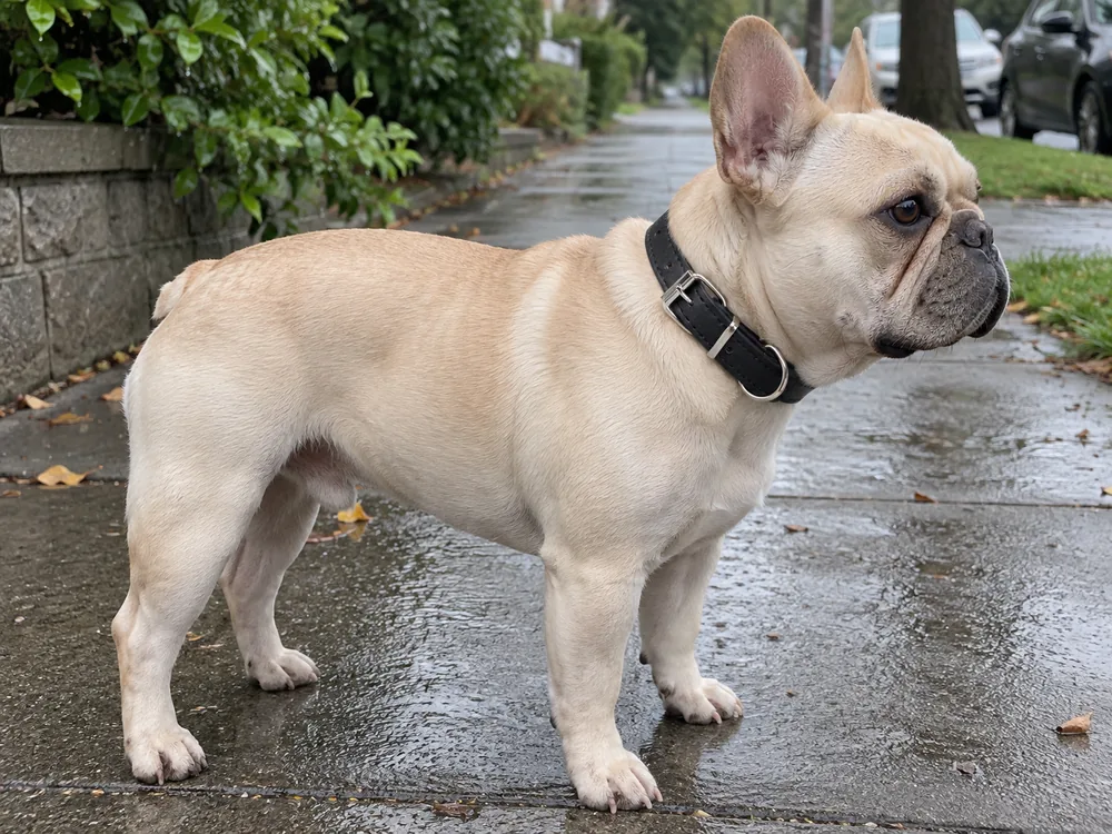 Cream French Bulldog wearing the black Waterproof PU Collar on a wet sidewalk.