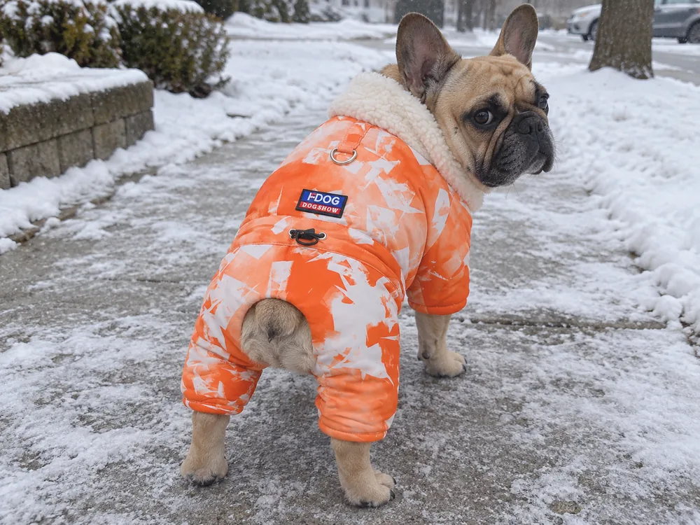 Fawn French Bulldog wearing the orange Thick Winter Coat on a lightly snowy sidewalk.