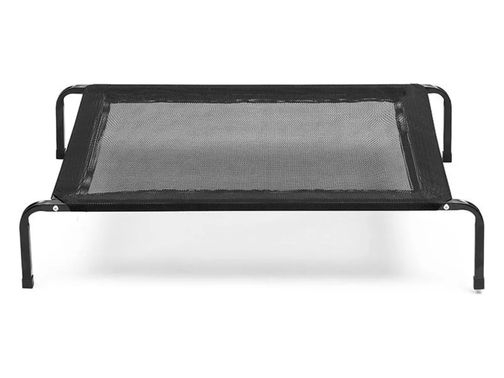Raised dog cot with a black mesh bed on a black steel frame.