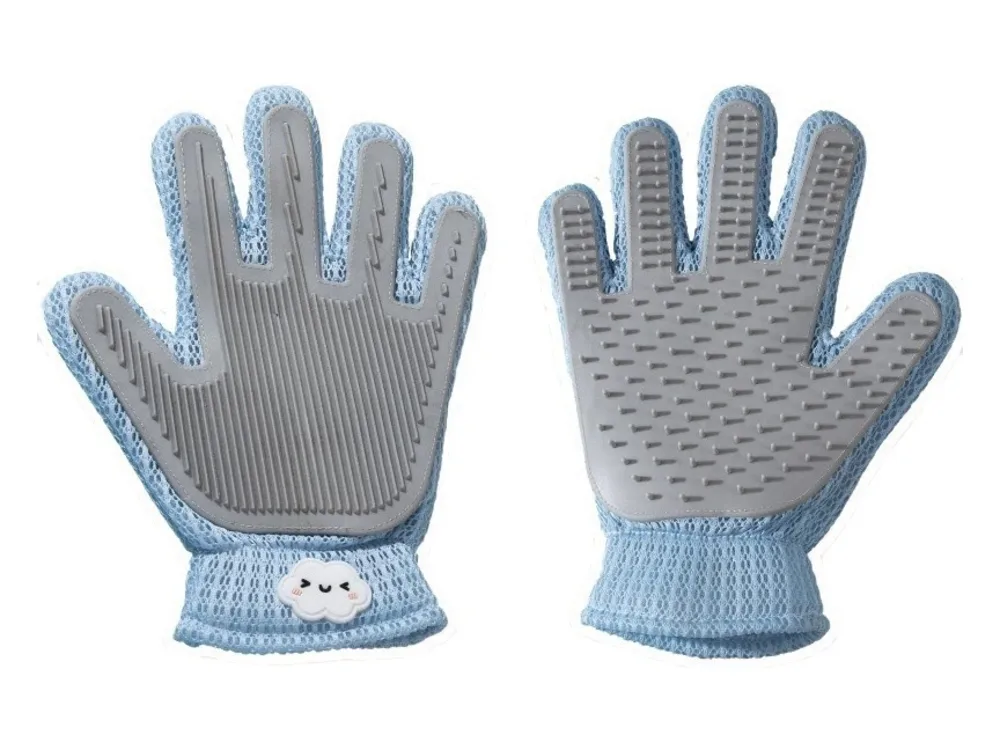 Pair of light blue grooming gloves with grey rubber nubs on the palm and fingers.