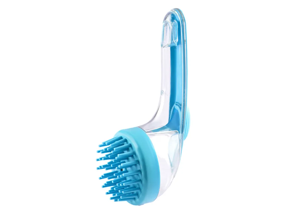 Blue silicone bath brush with a clear shampoo chamber in the handle.
